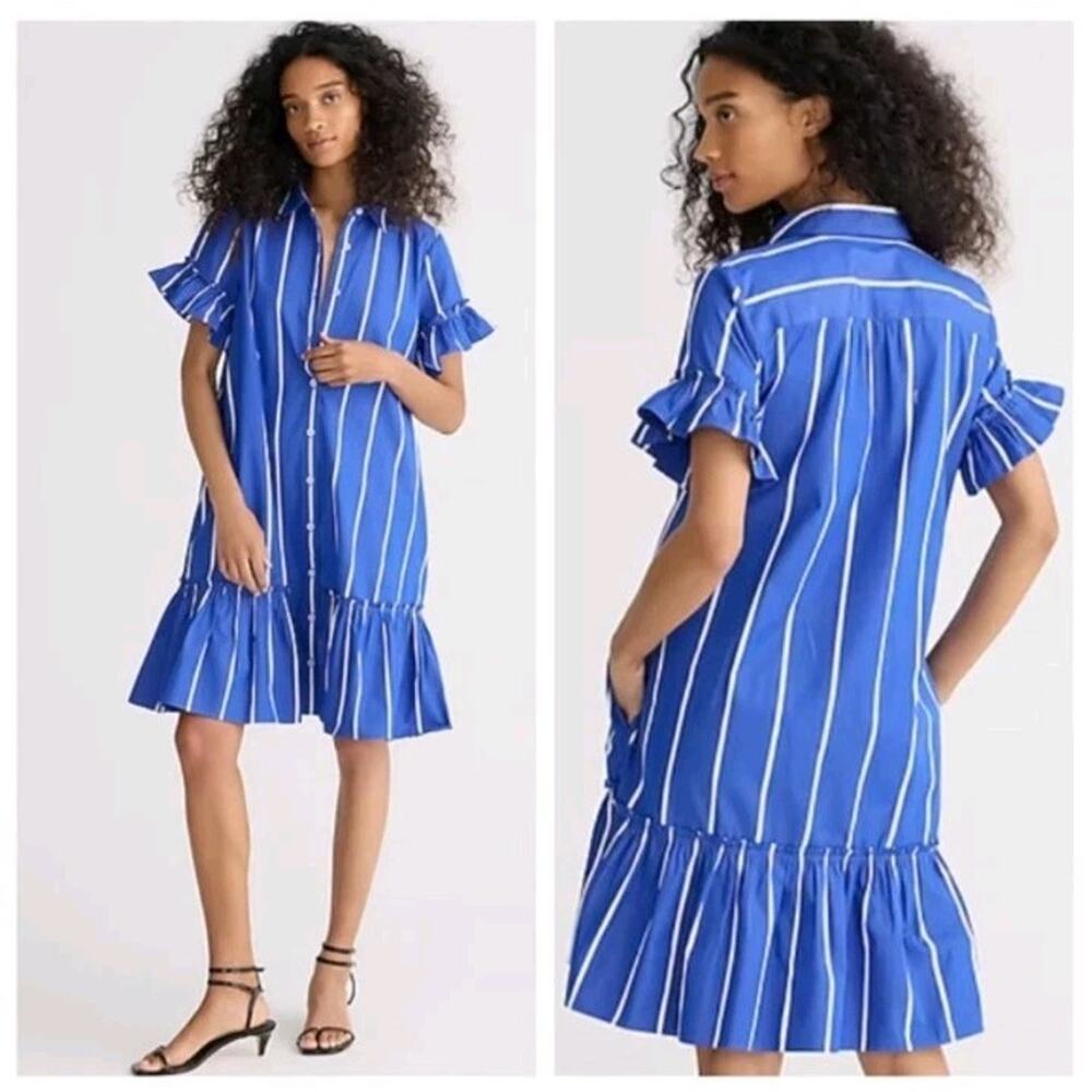 J Crew Women Cotton Poplin Blue Striped Ruffled Nautical Mini Shirt Dress Small